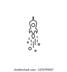 Outline rocket ship with fire. Isolated on white. Flat line icon. Vector illustration with flying rocket. Space travel. Project start up sign. Creative idea symbol. Black and white.