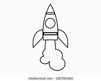 Outline rocket ship with fire. Isolated on white. Flat line icon. Vector illustration with flying rocket. Space travel. Project start up sign. Creative idea symbol. Black and white