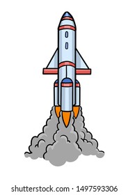 Outline rocket ship with fire. Isolated on white. Flat line icon. Vector illustration with flying rocket. Space travel. Project start up sign. Creative idea symbol.