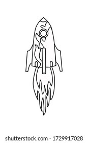 Outline of a rocket ship with fire isolated on a white background.  Vector illustration of a flying rocket. The sign of the start of the project. Symbol of a creative idea. Coloring book.