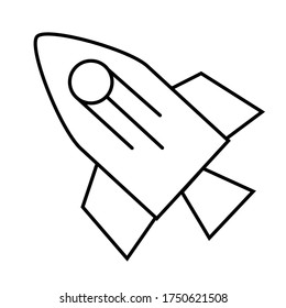 Outline rocket ship with fire. Isolated on white. Flat line icon. Vector illustration with flying rocket. Space travel. Project start up sign. Creative idea symbol. Black and white.