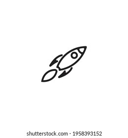Contorno el barco de cohetes con fuego. Aislado en blanco. Icono de línea plana. Ilustración vectorial con cohete volador. Viaje espacial. Registro de inicio del proyecto. Símbolo creativo de idea. Blanco y negro.