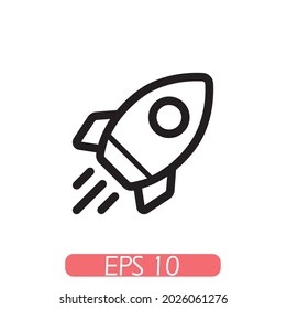Outline rocket ship with fire. Isolated on white. Flat line icon. Vector illustration with flying rocket. Space travel. Project start up sign. Creative idea symbol. Black and white. EPS 10, Premium