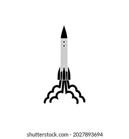 Outline rocket ship with fire. Isolated on white. Flat line icon. Vector illustration with flying rocket. Space travel. Project start up sign. Creative idea symbol. Black and white.