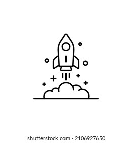 Outline rocket ship with fire. Isolated on white. Flat line icon. Vector illustration with flying rocket. Space travel. Project start up sign. Web page vector icon