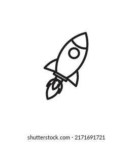 Outline of rocket ship with fire. Isolated on white. Flat line icon. Vector illustration with flying rocket. Space travel. Projects start to register. Creative idea symbol. Black and white