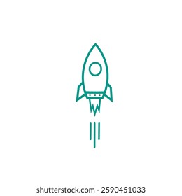 Outline rocket ship with fire. Isolated on white. Flat line icon. Vector illustration with flying rocket. Space travel. Project start up sign. Creative idea symbol. Blue and white.