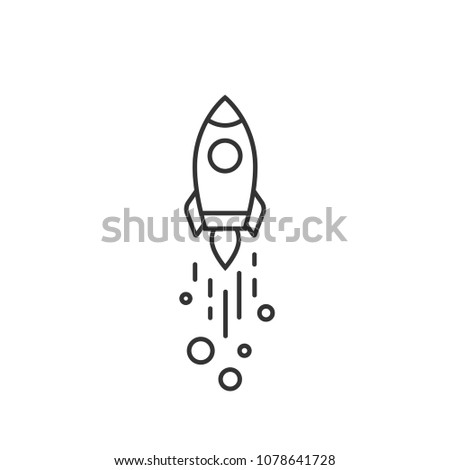 Outline rocket ship with fire. Isolated on white. Flat line icon. Vector illustration with flying rocket. Space travel. Project start up sign. Creative idea symbol. Black and white.