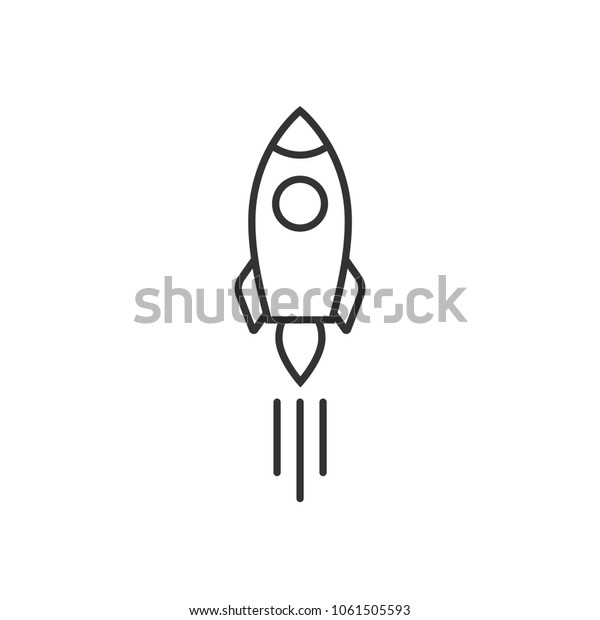 Outline\
rocket ship with fire. Isolated on white. Flat line icon. Vector\
illustration with flying rocket. Space travel. Project start up\
sign. Creative idea symbol. Black and\
white.