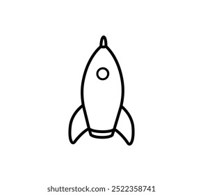 Esquema de la nave cohete. Aislado en blanco. Icono de línea plana. Ilustración vectorial con cohete volador. Viajes espaciales. Registro de inicio de proyecto.