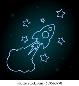 Outline of a rocket ship shooting through the stars. Vector illustration