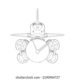 Umriss einer Rakete mit einem Raumschiff aus schwarzen Linien einzeln auf weißem Hintergrund. Vorderseite. Vektorgrafik.