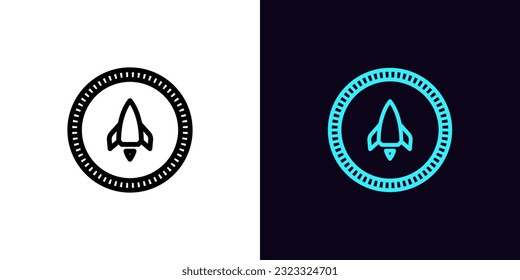 Outline rocket token icon, with editable stroke. Token with space rocket sign, digital meme coin pictogram. Digital game token, virtual cryptocurrency coin, crypto startup for money earn. Vector icon