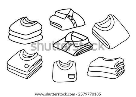 Outline Rolled-Up T-Shirt and folded sweater collection. Isolated linear contour hand drawings clothes on white background. Vector illustration