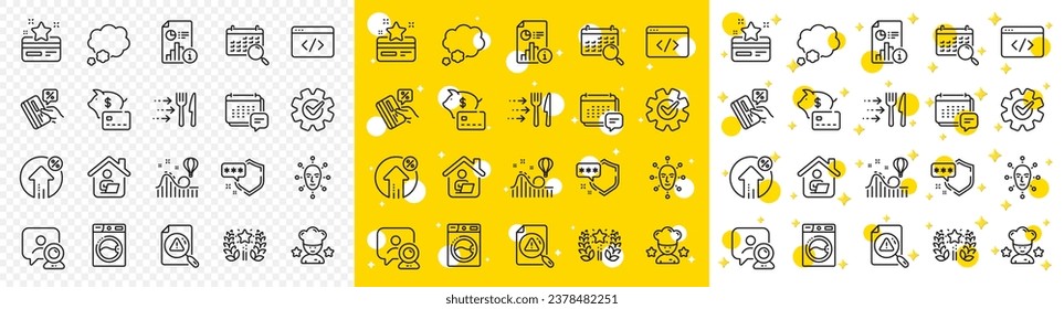 Outline Roller coaster, Ranking and Washing machine line icons pack for web with Talk bubble, Shield, Video conference line icon. Report, Search calendar, Seo script pictogram icon. Vector