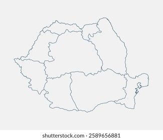Outline Romania map isolated on white background. Romania map. Romania map outline template. Editable Romania map outline with regional divisions. Vector illustration