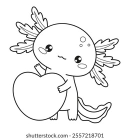 Outline Romantic Axolotl with heart. Little festive cartoon kawaii character. Line drawing, coloring book. Vector illustration. Kids collection. Holiday cool valentine animal