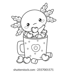 Outline Romantic Christmas Axolotl in cup Hot Cocoa with Marshmallows. Little festive cartoon kawaii character. Line drawing, coloring book. Vector illustration. Kids collection