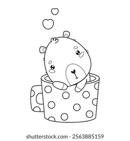 Outline romantic in love Capybara in polka dot cup. Calm enamored cartoon kawaii character. Line drawing, coloring book. Vector illustration. Kids collection