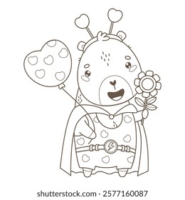 Outline Romantic Superhero Capybara with balloon heart and flower. Cute Funny cartoon character animal. Line drawing, coloring book. Vector illustration. Kids collection