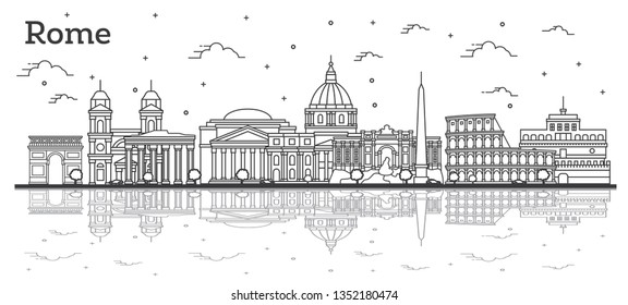 Outline Rome Italy City Skyline with Historic Buildings and Reflections Isolated on White. Vector Illustration. Rome Cityscape with Landmarks.