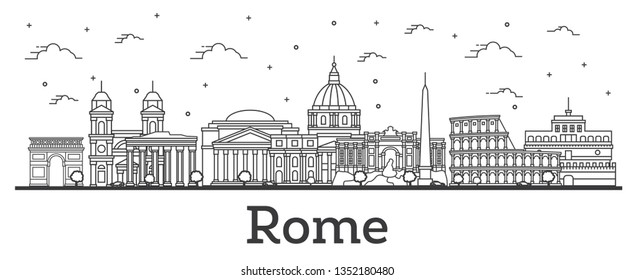 Outline Rome Italy City Skyline with Historic Buildings Isolated on White. Vector Illustration. Rome Cityscape with Landmarks.