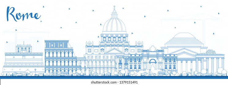 Outline Rome Italy City Skyline with Blue Buildings. Vector Illustration. Business Travel and Concept with Historic Architecture. Rome Cityscape with Landmarks.