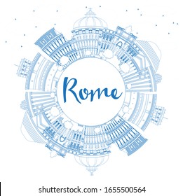Outline Rome Italy City Skyline with Blue Buildings and Copy Space. Vector Illustration. Business Travel and Tourism Concept with Historic Architecture. Rome Cityscape with Landmarks.