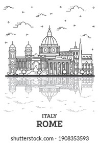 Outline Rome Italy City Skyline with Historic Buildings and Reflections Isolated on White. Vector Illustration. Rome Cityscape with Landmarks.