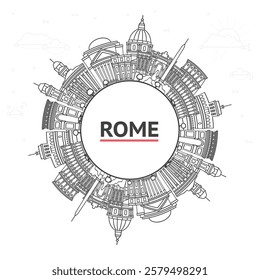 Outline Rome Italy City Skyline with Historic Buildings and copy space Isolated on White. Vector Illustration. Rome Cityscape with Landmarks.