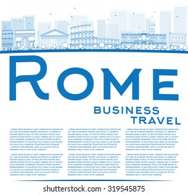 Outline Rome skyline with blue landmarks and copy space. Business travel and tourism concept with place for text. Image for presentation, banner, placard and web site. Vector illustration