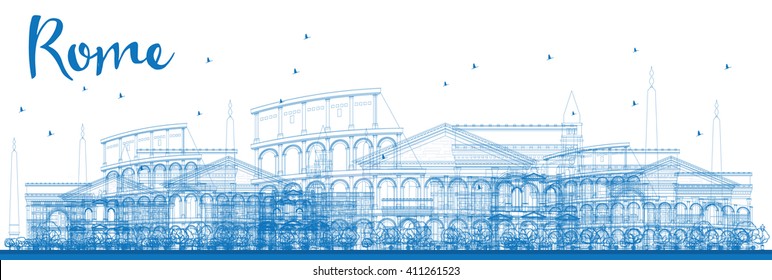 Outline Rome skyline with blue landmarks. Vector illustration. Business travel and tourism concept with historic buildings. Image for presentation, banner, placard and web site.