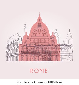 Outline Rome skyline with landmarks. Vector illustration. Business travel and tourism concept with historic buildings. Image for presentation, banner, placard and web site.