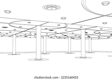 Outline of the room with columns made of black lines isolated on a white background. Outline of the garage. 3D. Vector illustration.