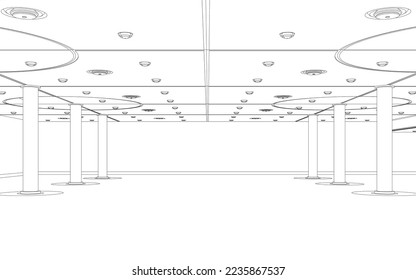 Outline of the room with columns made of black lines isolated on a white background. Outline of the garage. 3D. Vector illustration.