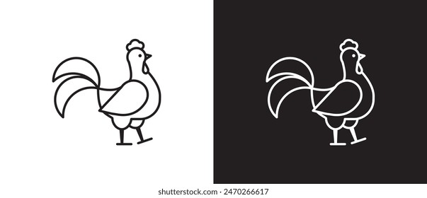 Icono de esquema de gallo. Icono de gallina, línea de gallo. Logo lineal de pollo.  Símbolo de granja. Icono de pollo Ilustración vectorial aislado sobre fondo blanco y negro. Eps10