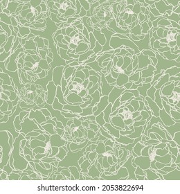 Outline roses seamless repeat pattern. Cottage core, random placed, vector line art flowers all over surface pattern with sage green background.