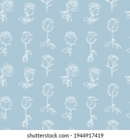 Outline Roses Vector Vintage Floral Background. Sketch Flowers Seamless Pattern. Hand drawn Branches of Rose Flower. Plants White Blue Wallpaper