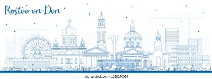 Outline Rostov-on-Don Russia City Skyline with Blue Buildings. Vector Illustration. Business Travel and Tourism Concept with Modern Architecture. Rostov-on-Don Cityscape with Landmarks.