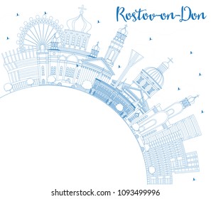 Outline Rostov-on-Don Russia City Skyline with Blue Buildings and Copy Space. Vector Illustration. Business Travel and Tourism Concept with Modern Architecture. Rostov-on-Don Cityscape with Landmarks.