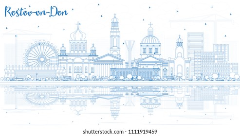 Outline Rostov-on-Don Russia City Skyline with Blue Buildings and Reflections. Vector Illustration. Business Travel and Tourism Concept with Modern Architecture. Rostov-on-Don Cityscape with Landmarks