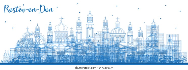 Outline Rostov-on-Don Russia City Skyline with Blue Buildings. Vector Illustration. Business Travel and Tourism Concept with Modern Architecture. Rostov-on-Don Cityscape with Landmarks. 