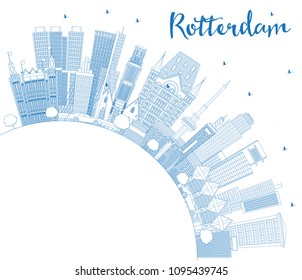 Outline Rotterdam Netherlands City Skyline with Blue Buildings and Copy Space. Vector Illustration. Business Travel and Tourism Concept with Modern Architecture. 