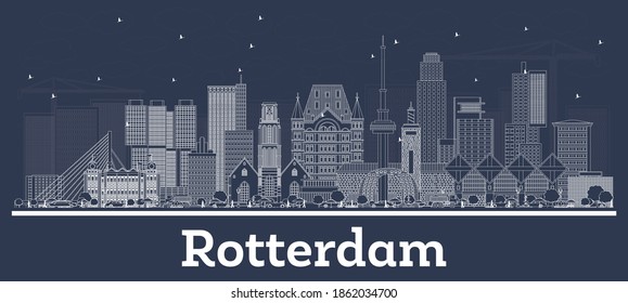 Outline Rotterdam Netherlands City Skyline with White Buildings. Vector Illustration. Business Travel and Tourism Concept with Historic Architecture. Rotterdam Cityscape with Landmarks.