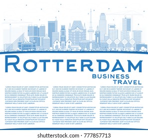 Outline Rotterdam Netherlands City Skyline with Blue Buildings and Copy Space. Vector Illustration. Business Travel and Tourism Concept with Modern Architecture. Rotterdam Cityscape with Landmarks.