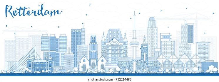 Outline Rotterdam Netherlands Skyline with Blue Buildings. Vector Illustration. Business Travel and Tourism Concept with Modern Architecture.