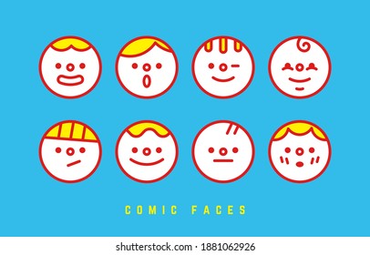 Outline round Avatars. Set of Cute funny characters. Various faces. Minimalistic Icons. Geometric Vector illustration. Cartoon Asian style. Simple design. Every icon is Isolated on blue background