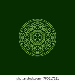 Outline round badge with four horseshoes, shamrock leaves, floral ornament. Vector illustration.