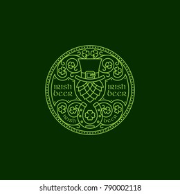 Outline round badge with hat, hop, horseshoes, shamrock leaves, floral ornament. Vector illustration.