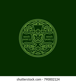 Outline round badge with leprechaun, horseshoe, shamrock leaves, floral ornament. Vector illustration.